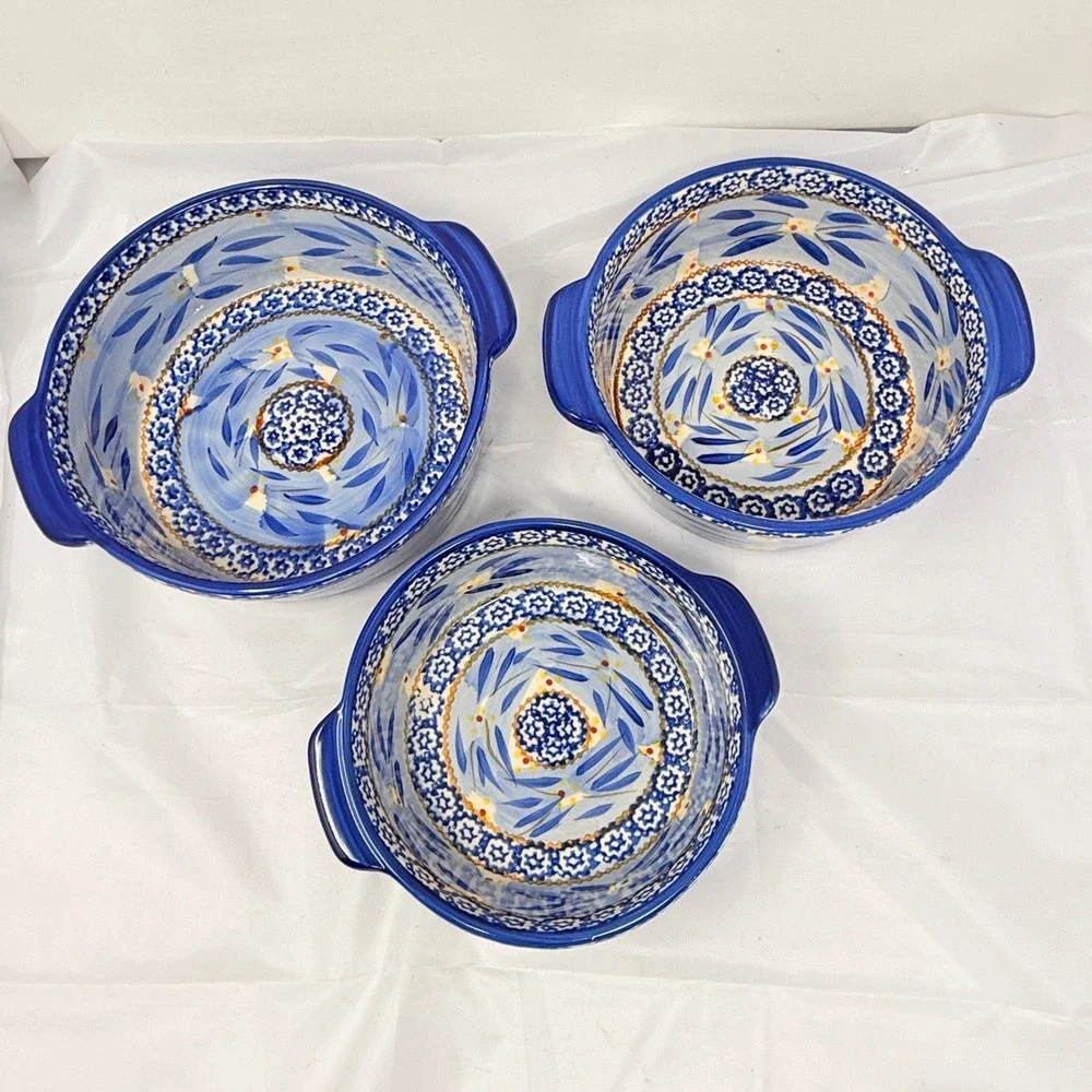 Temp-tations Old World Blue Ceramic Round Nesting  Set 3pc 2/1.5/1.0 qt